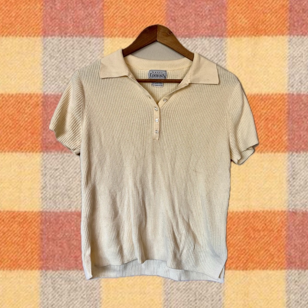 Vintage Butter Yellow Knit Ribbed Polo Top
